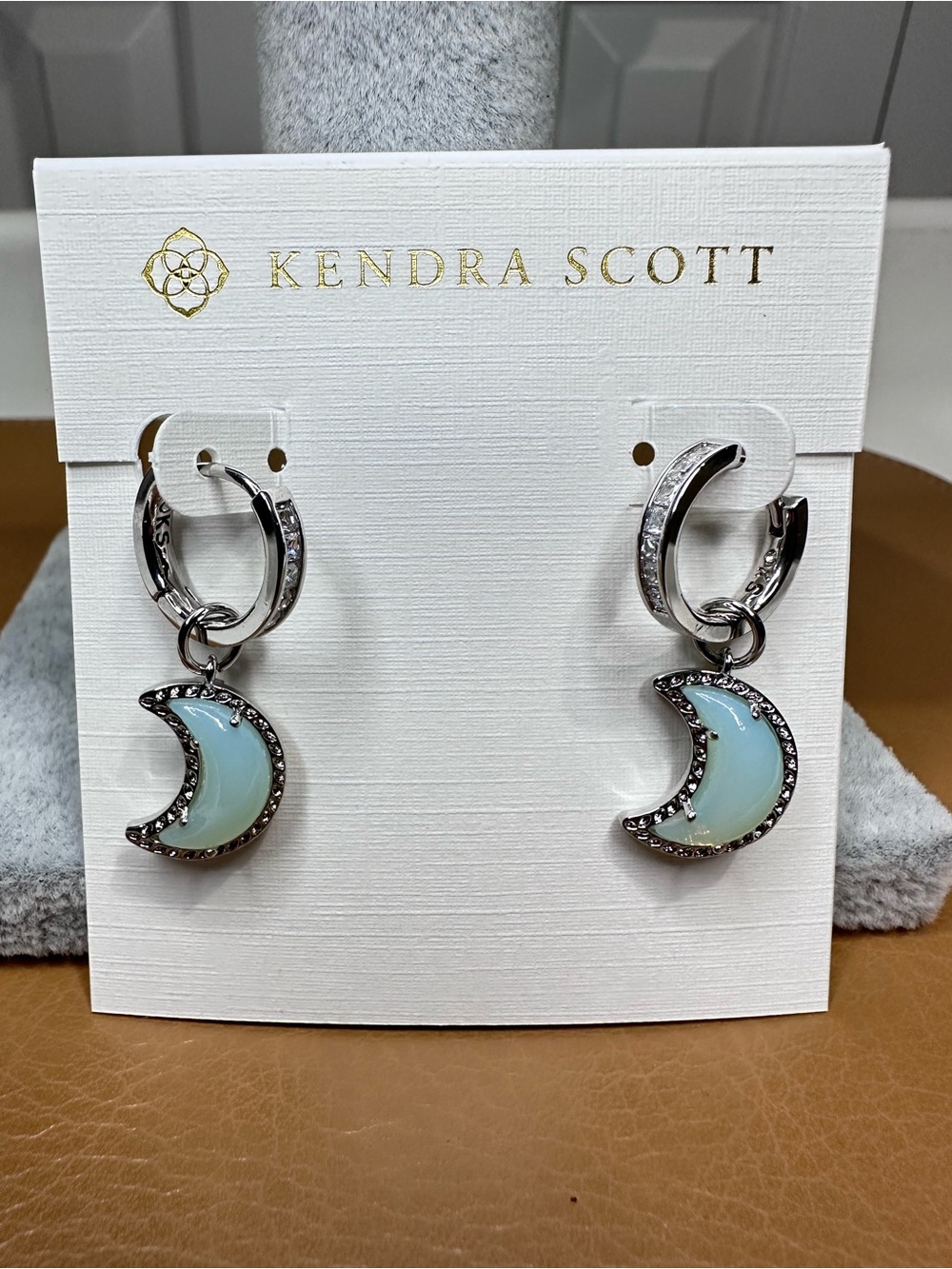 Kendra Scott Silver Crescent Moon Earrings with Pale Opal Aqua Drops